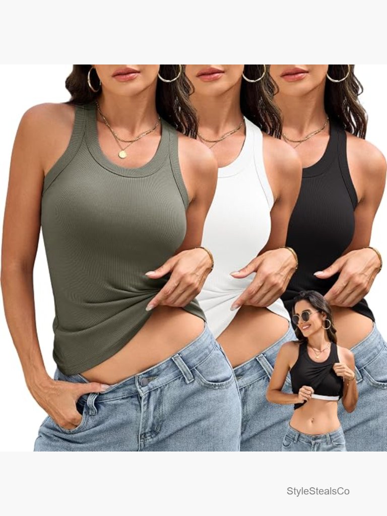 3 Pack Ribbed Fitted Tank Tops With Built In Bras Sleeveless Workout Tanks